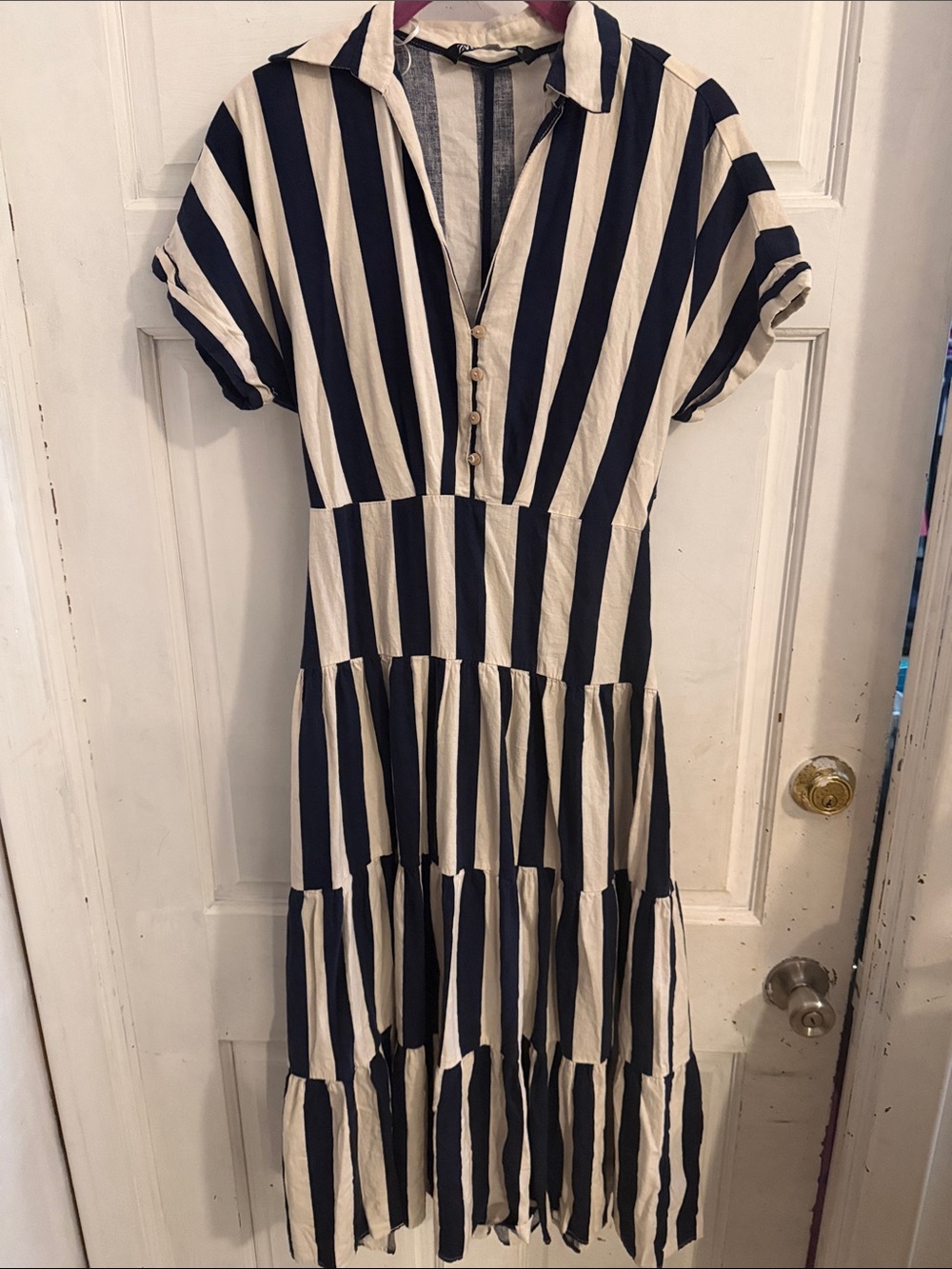 Zara Navy and Cream Linen Vertical-Stripe Tiered Maxi Dress- XS